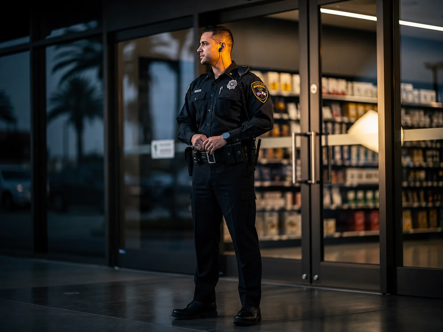Retail security officer monitoring a store entrance